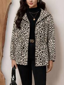 SHEIN LUNE Plus Allover Print Drawstring Waist Hooded Jacket For Autumn & Winter With Pockets Winter Clothes - Apricot - View 4