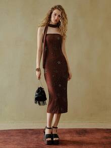 MOTF STUDIO 优雅串珠花卉刺绣不对称下摆波西米亚风中长连衣裙，百搭 - 咖啡棕 - 查看 2