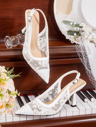 CUCCOO HITCHD Women's Lace Pointed Toe White Mesh Embroidered Wedding Shoes, Stiletto High Heels, Elegant For Wedding, Vacation, Sexy