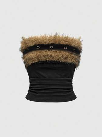 Grunge Punk Y2K Sexy Animal Print Buckle Crop Top With Faux Fur Collar