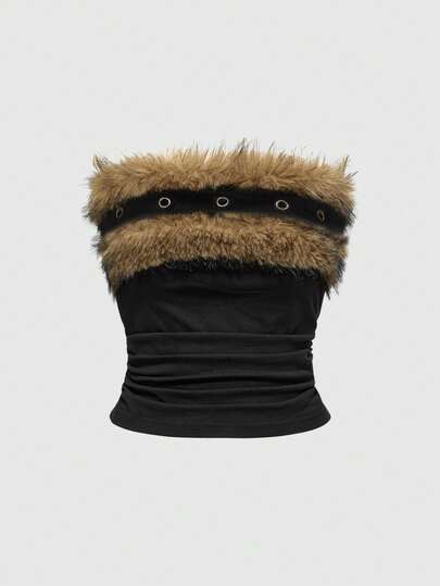Grunge Punk Y2K Sexy Animal Print Buckle Crop Top With Faux Fur Collar