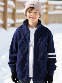 SHEIN 青少年男童休闲韩版开衫针织毛衣，适合上学、日常休闲、运动、秋冬