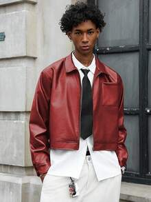 PAVTROS 男士时尚短款黑色皮质长袖夹克 红色皮质夹克 街头风短款男士夹克 皮质飞行员夹克 男士红色飞行员夹克 - 紅色 - 查看 1
