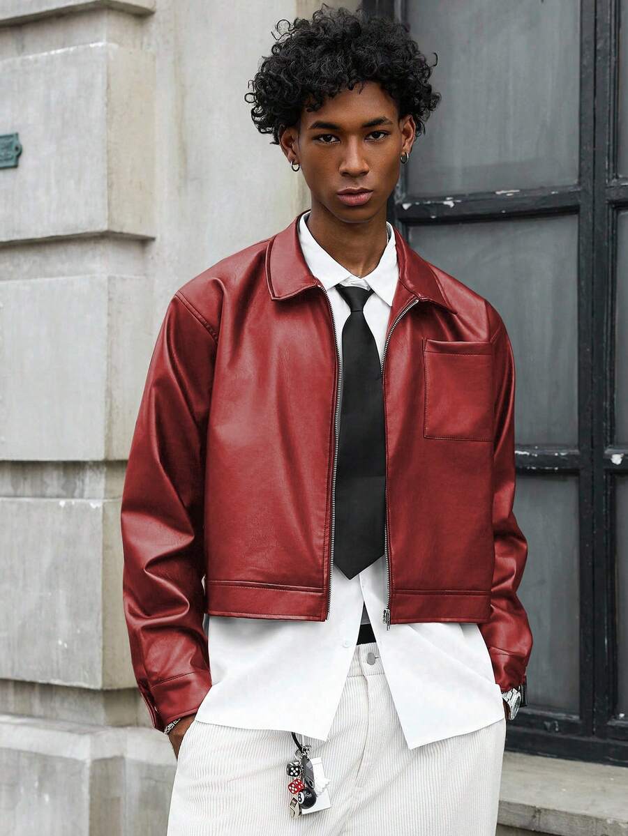 PAVTROS 男士时尚短款黑色皮质长袖夹克 红色皮质夹克 街头风短款男士夹克 皮质飞行员夹克 男士红色飞行员夹克 - 紅色 - 查看 1