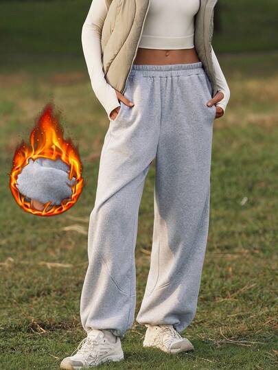 WanderVale 女式纯色拼接不对称抽绳下摆直筒休闲运动裤，冬季