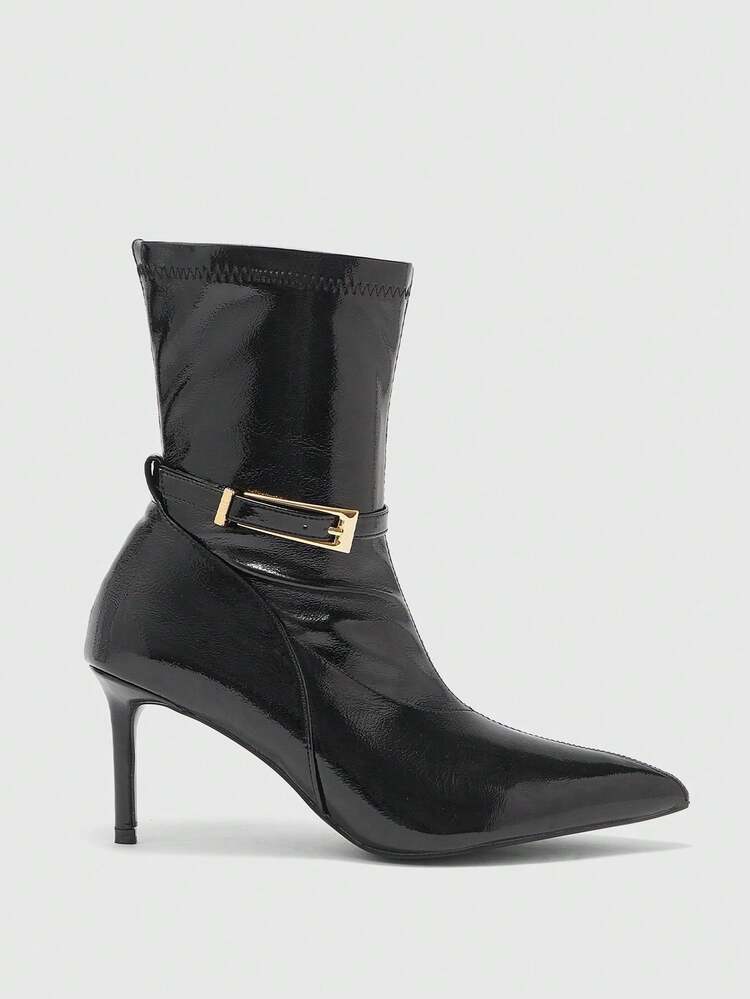 CUCCOO BIZCHIC Minimalist Metal Buckle Stiletto Ankle Boots, Elegant Patchwork High Heel Booties