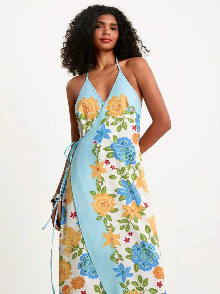 CAJUNI Robe de vacances à imprimé floral avec dos nu et ceinture à nouer pour femmes - Bleu azur - Voir 1