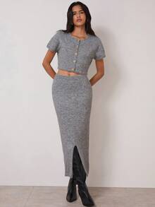 COSMINA 2pcs Women's Short Sleeve Elegant Knitted Sweater Set,Grey Autumn Casual Brunch Versatile Commuting Office Wear Two Piece Skirt Sets - Grey - View 5