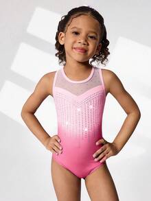 Set de 2 piezas de maillot y shorts de gimnasia para niñas, con estampado lindo y decoración de rhinestones, adecuado para uso casual, deportivo y de competición - Multicolor - Ver 5