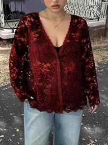 Calvaya Plus Size New Arrival High-End Sweet & Spicy Hollow-Out Lace Blouse