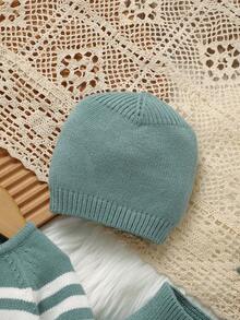 SHEIN 3pcs Newborn Baby Striped Sweater Set, Casual Pullover Sweater, Simple Leggings, And Hat - Green - View 5