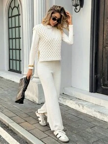 Chiquease 2 Stücke Damen elegantes V-Ausschnitt einfarbiges gestricktes Sweater-Top und Hosen Set - Aprikosenfarben - Übersicht 3
