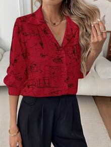 Louniche 女士休闲通勤全印花长袖衬衫 - 紅色 - 查看 5