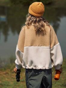 Medorelle Women's Winter Stand Collar Half-Zip Contrast Color Patchwork Sherpa Fleece Loose Drawstring Sweatshirt - Apricot - View 2