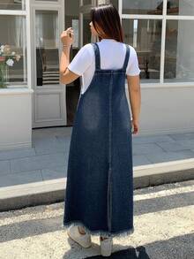 Dazy Plus Dark Wash Distressed Denim Pinafore Maxi A-Line Dress, All Season