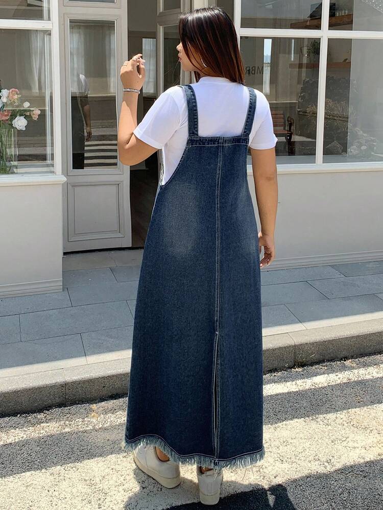 Dazy Plus Dark Wash Distressed Denim Pinafore Maxi A-Line Dress, All Season