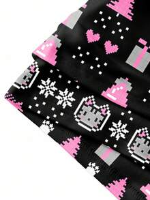 Y2Kool Vecteezy 黑色和粉色撞色猫爪、圣诞树、雪花、爱心图案Y2K像素蕾丝拼接吊带背心和短裤两件套，休闲女士家居服，适合秋冬季、假日、圣诞节和日常穿着。 - 彩色 - 查看 5