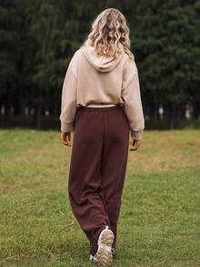 WanderVale 女式棕色羊毛松紧腰可调节下摆直筒裤，秋冬款 - 卡其色 - 查看 3