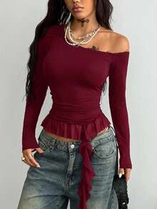 Coolane Women's Fall Concert Streetwear Y2K Vacation Gyaru Casual Stretchy Asymmetrical Neck Mesh Patchwork Ruffle Fringe T-Shirt,Red Top,Christmas - Burgundy - View 5