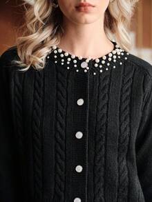 Suéter de punto negro de manga larga minimalista para mujer Uhlyne, elegante blusa casual con cuentas para ir a la oficina, la escuela o el trabajo en otoño - Negro - Ver 7