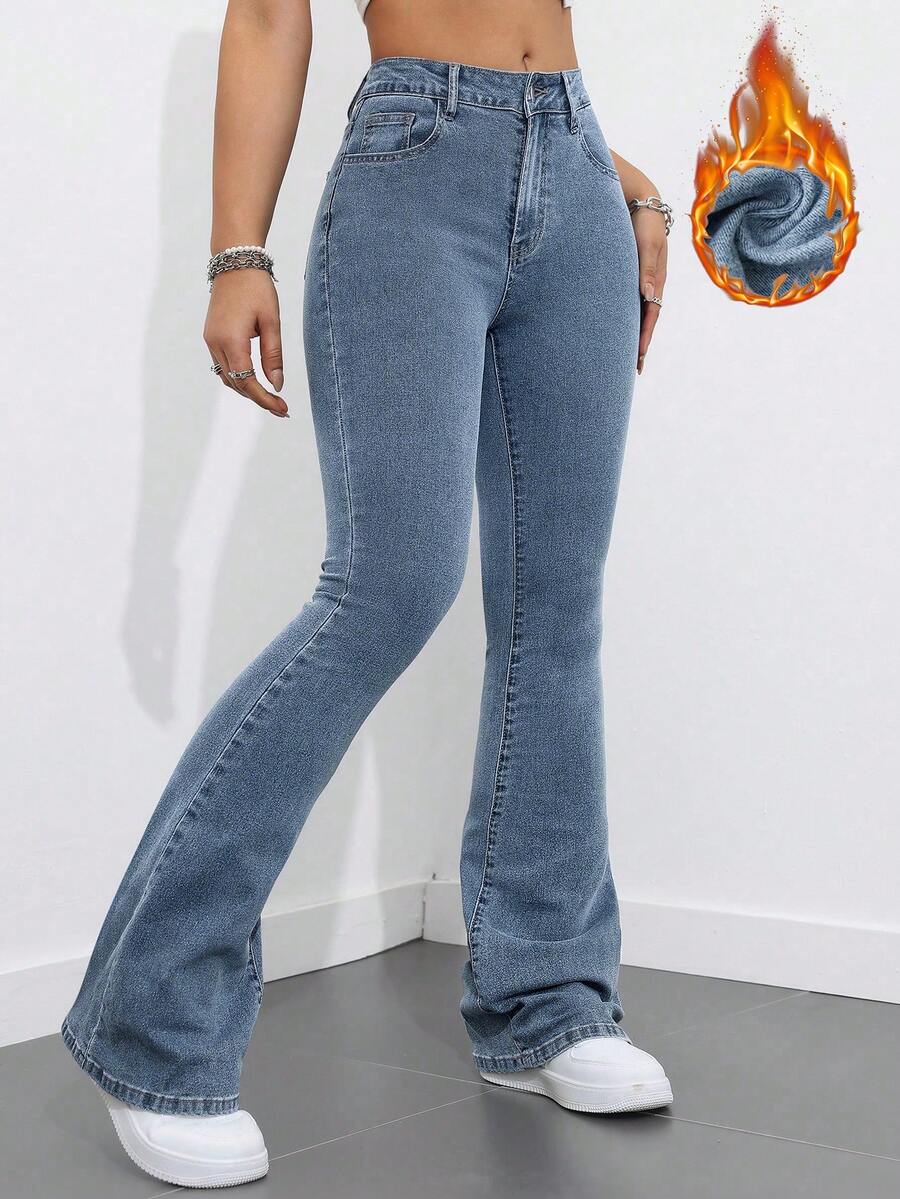 Jeanoix Women's Casual Everyday Commute Flared Thermal Lined Jeans - Medium Wash - View 1