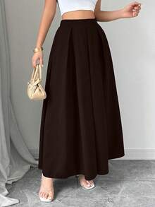 SHEIN Tall 优雅纯色百褶长裙，适合通勤 - 棕色 - 查看 4