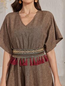 Modelyn Robe longue conservatrice et élégante pour femmes avec décoration à franges