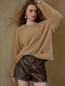 MOTF STUDIO GLITTER BLENDED WARM OVERSIZED ASYMMETRICAL SHOULDER SWEATER - Khaki - View 6