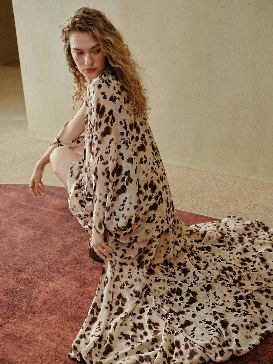 MOTF STUDIO GLITTER TEXTURE SHINY LEOPARD PRINT LOOSE PLEATED BOHEMIAN PATTERN FRONT SHORT BACK LONG DRESS - Multicolor - View 2