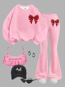 SHEIN 2 件套年轻女孩圣诞可爱蝴蝶结印花休闲宽松圆领长袖运动衫和喇叭裤套装，适合秋冬季 - 彩色 - 查看 2