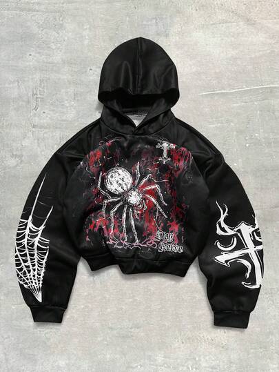 Street Life Herren Lässige Mode Amerikanischer Street-Style Halloween Spinnen- & Kreuz-Muster Loose Fit Oversized Hoodie, Frühling/Herbst