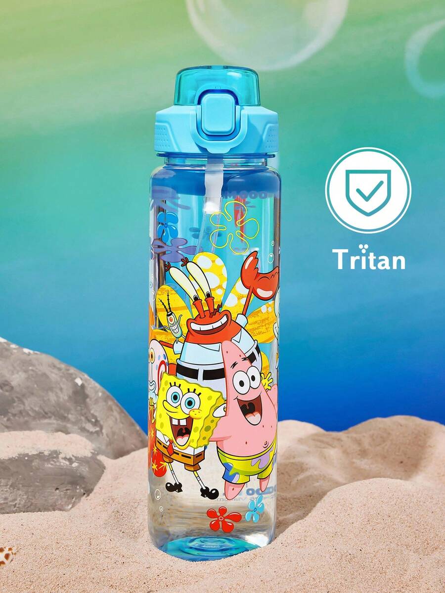 SpongeBob SquarePants | SHEIN 34 Oz / 1000 Ml TRITAN Water Bottle, With A Handle For Easy Carrying, Leak-Proof, Suitable For Travel, Tourism, School, Gym