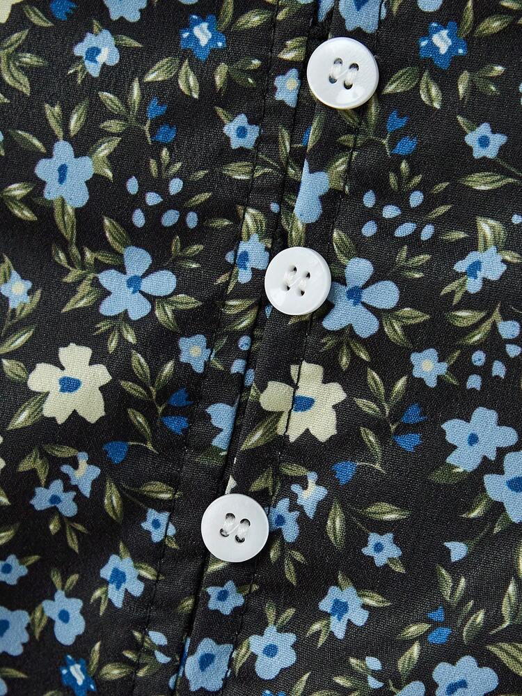 Black And Blue Vintage Floral Ditsy Print Long Sleeve Midi Dress With Button Front Detail Fall Women Clothes Autumn Dress Fall Women Clothes Spring Summer French Style Dress