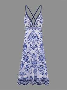 Swim Vcay Vestido largo de verano con tirantes finos y espalda descubierta con estampado, vestido casual tipo pareo para cubrir traje de baño, escote en V