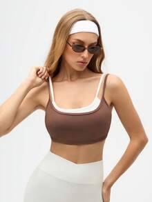 SHEIN Sports 女士罗纹无缝运动文胸 - 卡其色 - 查看 3