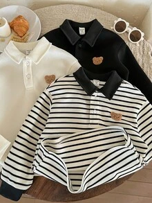 LMoss Kids 3 件套小男孩 Polo 领针织条纹小熊贴片休闲卫衣，秋冬 - 彩色 - 查看 6