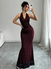 Rafferiza Elegant Bodycon Fishtail Hem V-Neck Waist Pleated Knit Mesh With Rose Red Lining Long Dress For Women, Autumn/Winter - Red - View 8