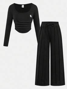 SHEIN Tween Girls Back To School Sports Casual Solid Color Set, Long Sleeve Cropped T-Shirt With Ruched Details And Straight Leg Sweatpants, Autumn/Winter - Black - View 12