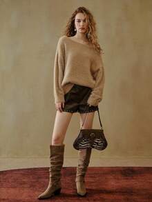 MOTF STUDIO GLITTER BLENDED WARM OVERSIZED ASYMMETRICAL SHOULDER SWEATER - Khaki - View 4
