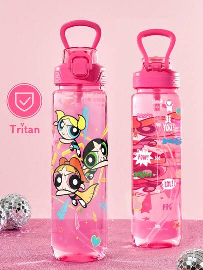 THE POWERPUFF GIRLS X SHEIN 1000ml / 34oz Printed Water Bottle, With A Handle For Easy Carrying, Suitable For Fitness, School,Y2K