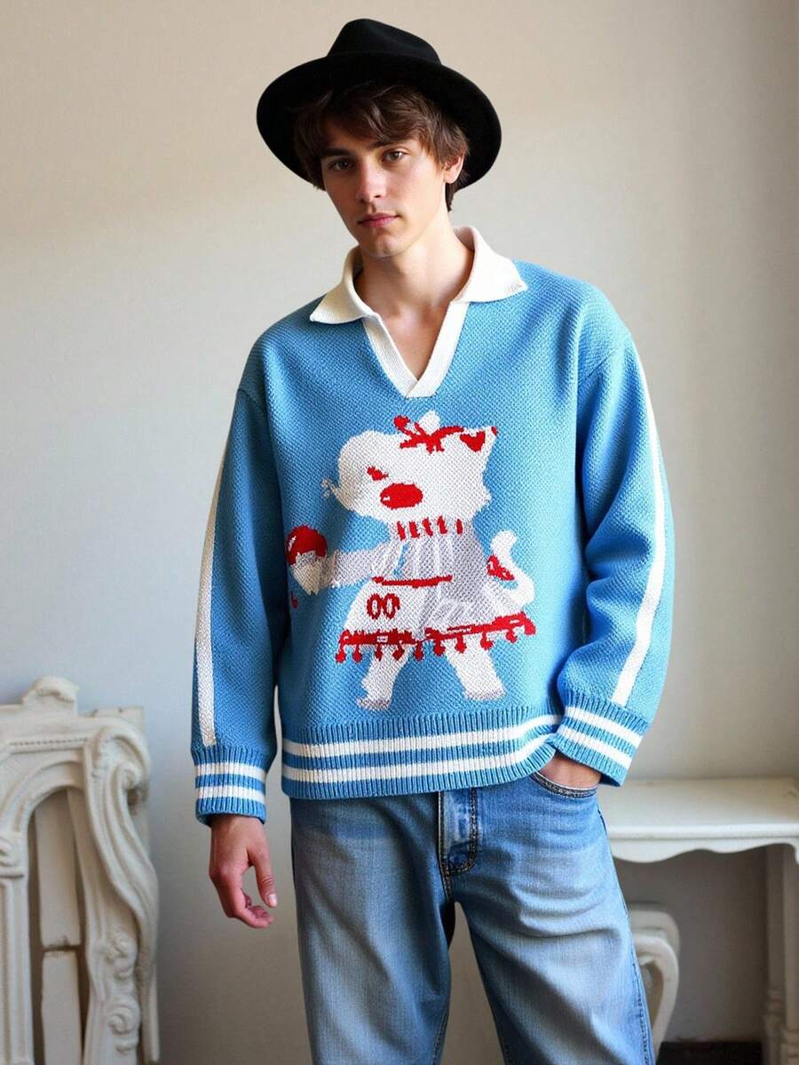 Manfinity Roghcode Jersey casual de hombre con bloques de color y rayas con estampado de dibujos animados, para otoño/invierno - Azul - Ver 1
