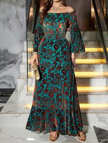 Zelara 秋季大码优雅花卉植绒露肩喇叭袖连衣裙 - 綠色 - 查看 6