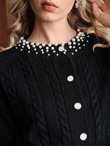 Suéter de punto negro de manga larga minimalista para mujer Uhlyne, elegante blusa casual con cuentas para ir a la oficina, la escuela o el trabajo en otoño - Negro - Ver 5