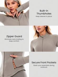 GLOWMODE FeatherFit™ Studio Ready Zipper Pockets Slim Fit Long Sleeve Thumbholes Active Jacket Low Impact Yoga Pilates Studio Gym Daily - Khaki - View 3