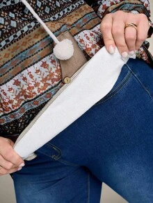 EMERY ROSE Plus Size Women Casual Plush For Warmth Hooded Vintage Striped Print Patchwork Pocket Sweatshirt, Autumn/Winter,Winter Clothes For Women,Going Out Outfits,Fall Clothes For Women,Fall Outfits,2025 New Clothes,Casual Everyday Wear,Fall Long Sleeve Tops For Women, Plus Size Hoodies Women