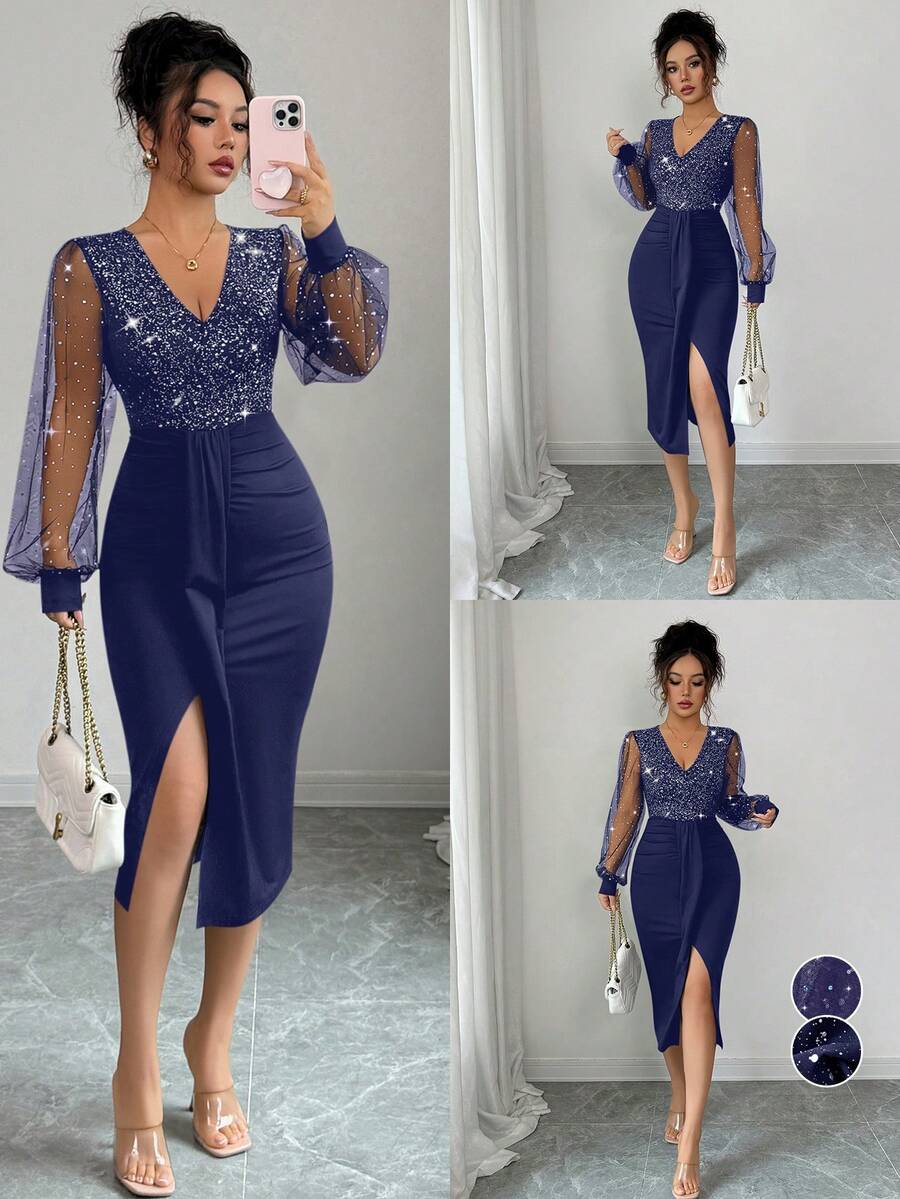 EMERY ROSE 女式亮片闪亮V领网眼拼接闪光派对连衣裙 - 藏蓝色 - 查看 1