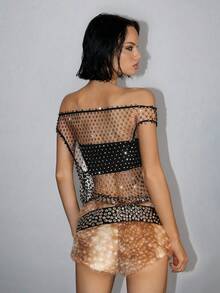 Jeanoix Top de fiesta con red de diamantes de imitación para mujeres, material brillante con diamantes de imitación, adecuado para festivales de música y carnavales - Negro - Ver 2