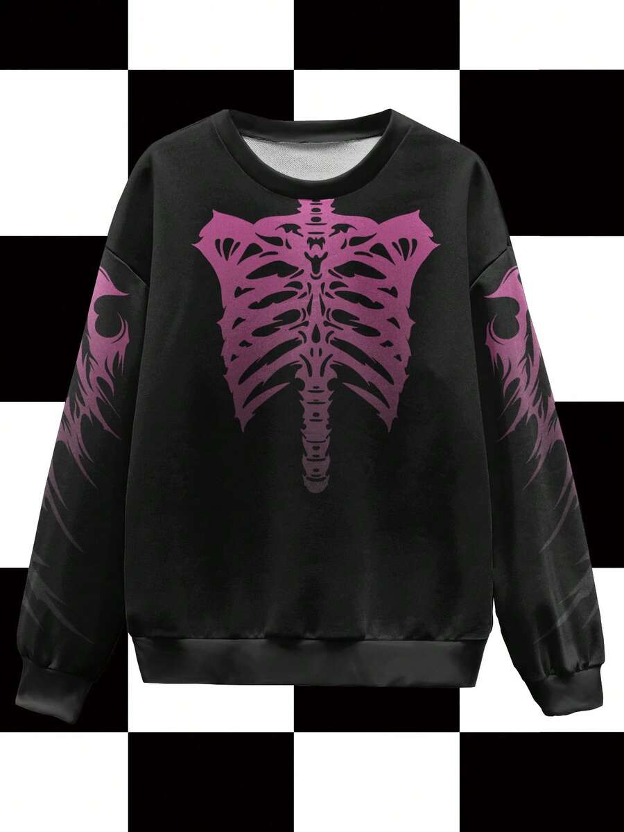 Shutterstock Y2Kool Women's Skeleton & Demon Wings Ombre Print Crew Neck Long Sleeve Sweatshirt, Street Y2K Style For Halloween, Autumn/Winter Halloween Sweatshirt Emo Tops Graphic Sweatshirts Goth Clothes - Black - View 1