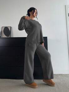 POPSWAY 柔软舒适修身阔腿裤和长袖针织套装，百搭休闲装