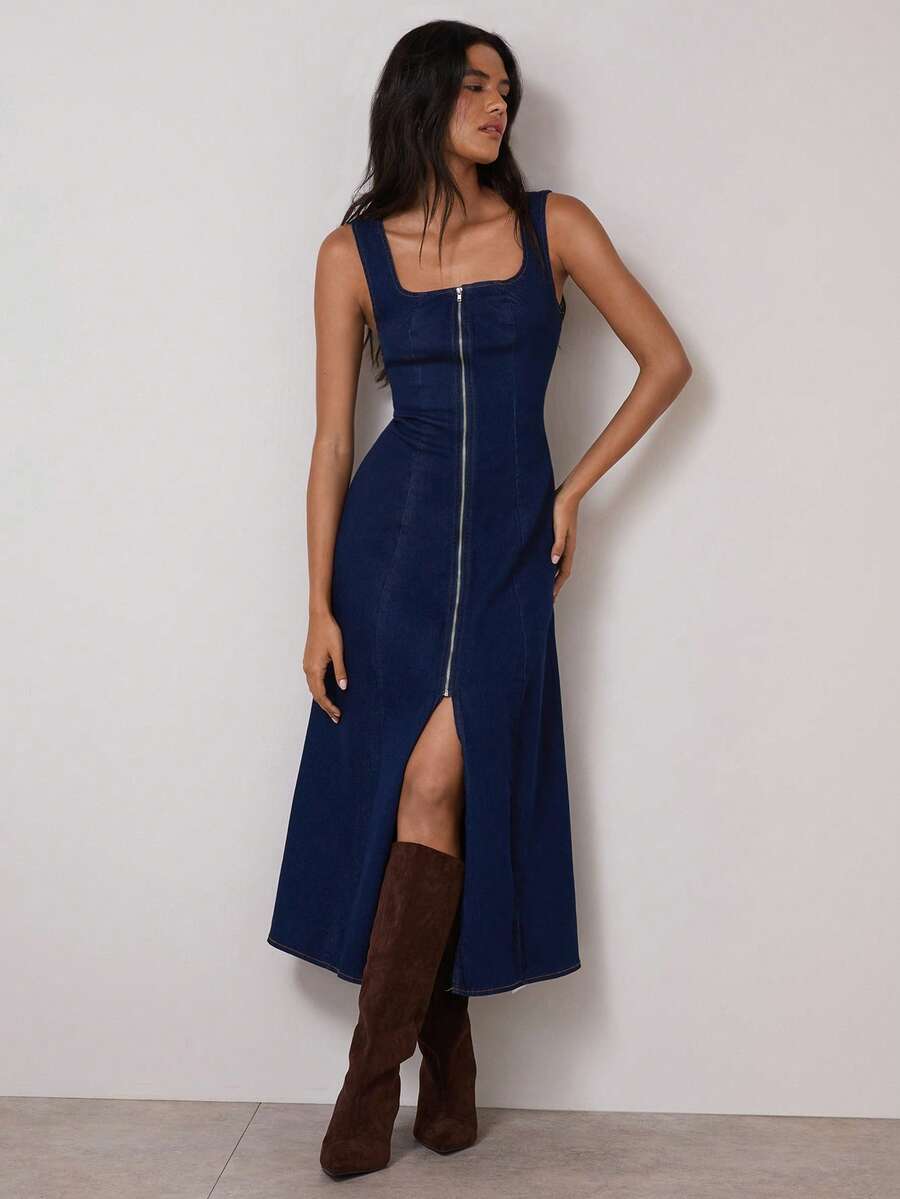 COSMINA 女式优雅无袖长款牛仔连衣裙，正面带拉链，侧开衩，四季皆宜 - 藍色 - 查看 1